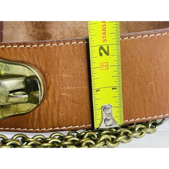 Vintage DKNY Leather Belt Brass Flip Lock & Multi Chains Boho Wide Belt